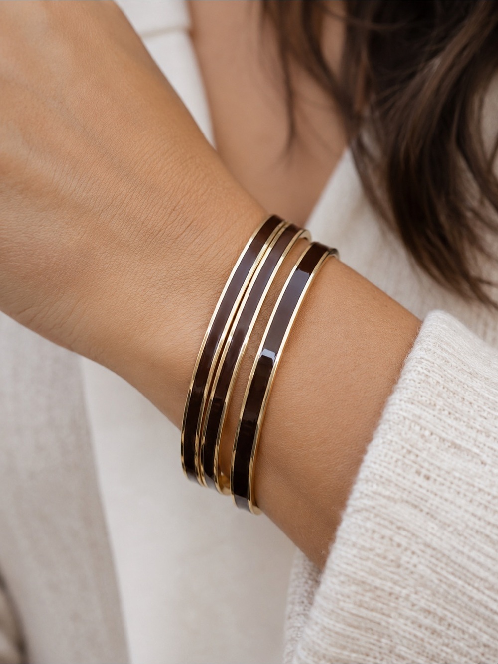 OLD NAVY Women's Brown Enamel & Gold Triple Bangle Bracelet Set NEW